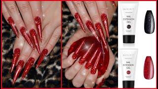 Red Glitter Studded Bling Stiletto Polygel Nails using Makartt Glitter Polygel! ft. Dossier Perfumes