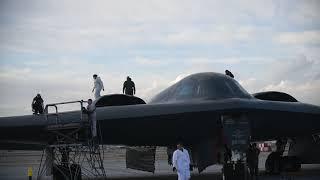 B-2 Bomber arrives at Whiteman AFB Missouri and is checked for maintenance