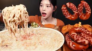 SUB)Kielbasa Sausage and Fried Chicken with Shrimp Cream Pasta Mukbang Asmr