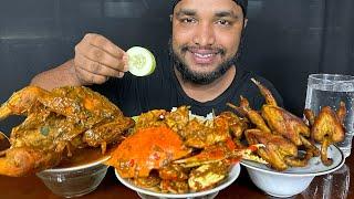 EATING SPICY MASALA CRABS CURRY, FULL CHICKEN CURRY AND QUAIL FRY WITH RICE, NDIAN FOOD MUKBANG