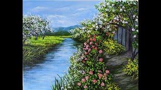 Art by Kyra Lu - Flowering Trees By The River For Beginners (Acrylic Painting #4)