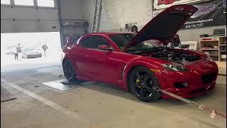 Mazda RX8 full Renesis engine  turbo on Dyno making 407 whp 289 WTQ  on 12 psi, Fueltech FT550