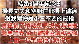 結婚3週年紀念日，機長丈夫和空姐在飛機廁所纏綿，送我禮物是小三不要的戒指。賣錢捐了積點德吧，填好非洲援醫申請表，留下離婚協議和字條，上面一行字讓他心跳停了