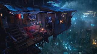  Shanty Nest above the City: Rain and Ambient Music | Cyberpunk Shack in a Skyrise | 4K | 10 hours