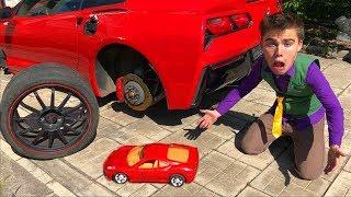 Mr. Joe in Tire Service on Corvette Without Wheels & Found Small Toy Sport Car