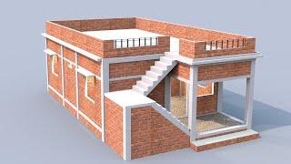 single story 3d village house plan with outside stair, small village house design with 3 bedroom