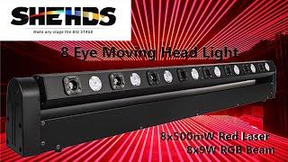 SHEHDS 8 Eye Moving Head Light 8x500mW Red Laser with LED Bar