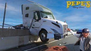 Distracted Driving or Brake Failure? Semi Crashes Onto Freeway!