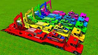 TRANSPORTING ALL COLORS OF FIRE TRUCKS vs EXCAVATOR vs POLICE CARS TO GARAGE WITH BIG TRUCKS ! FS22