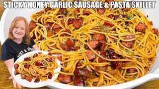 STICKY HONEY GARLIC SAUSAGE PASTA SKILLET