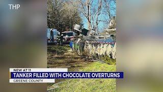 THP: Tanker truck filled with chocolate overturns in Greene Co., driver airlifted