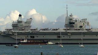 HMS Queen Elizabeth in Portsmouth Harbour UK with Eight F-35 Jets on board - Tuesday 31 October 2023