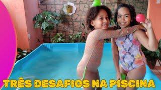 As meninas vão encarar três  divertidos desafios na piscina