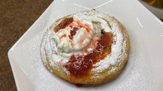 FUNNEL CAKES WITH STRAWBERRY SAUCE & WHIPPED CREAM