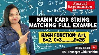 Rabin Karp String Matching Algorithm Example in DAA | Solved example in Hindi| pattern hash function