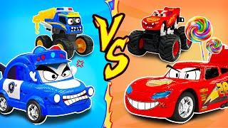 Police Car VS Lightning Mcqueen - Action-Packed Chase to Catch the Monster Trucks | Dinky TV