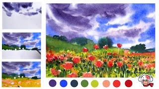 Poppy fields at Worcestershire ,UK /watercolor Tutorials #howtopaintwatercolour