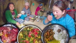 Pork Fry Recipe and Rice Cooking and Eating in village kitchen सुङगुर को भुटेको मासु सङ्ग भात खाइयो