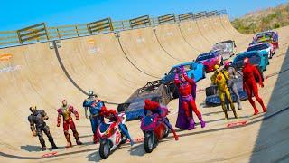 Super Heroes Sport Moto and CARS Spiderman Ramps racing GTA V Challenge Чеолвек Паук Супер гонка !