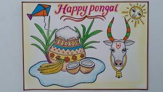 Pongal Festival Drawing Easy Steps//Happy Poster Poster Drawing Idea//How to Draw pongal pot & cow