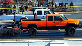 DRAG RACING DIESEL TRUCKS GMC DURAMAX FORD F250 DODGE RAM 2500 CUMMINS ENGINES BLACK SMOKE