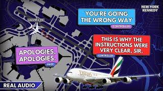 Emirates Airbus A380 gets stuck for 90 MINUTES after wrong turn at Kennedy Airport. Real ATC