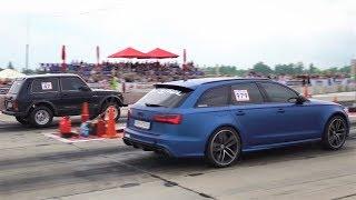 1500 HP Lada Turbo Niva V8 LS Engine (Sleeper) vs Audi RS6 vs Audi RS3 - Drag Race And Burnouts