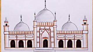 How to draw Badshahi Mosque - step by step | Easy Badshahi Masjid, Lahore/ Drawing Tutorial