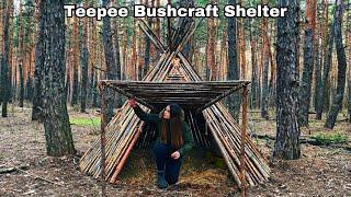 Build Natural Bushcraft Shelter | TIPI cabin with door in the Woods