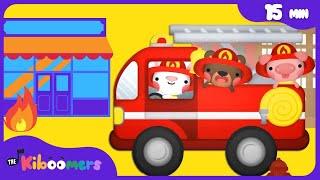 Wheels on the Police Car, Firetruck Songs + More | 15min Compilation | The Kiboomers Kids Songs