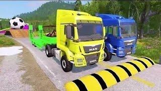 Double Flatbed Trailer Truck Vs Speedbumps Train Vs Cars Beamng.drive In Reverse!  #290