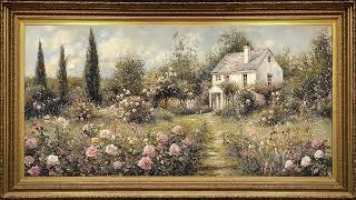 Vintage Rose Garden Manor, Rustic Impressionist Oil Painting | Framed Art Screensaver for TV