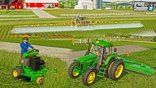 SPRAYING, MOWING DITCHES, & MOWING LAWN ON MEGA FARM! | FS22