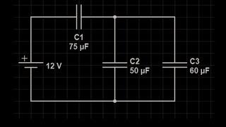 Capacitor network circuit with three capacitors: equivalent capacitance and energy in the capacitors