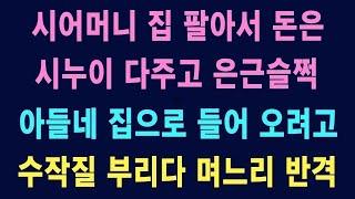 시댁썰시어머니 집 팔아서 돈은 시누이 다주고 은근슬쩍 아들네 집으로 들어오려고 수작질 부리다 며느리 반격 사이다썰라디오