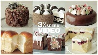 #125 3x Speed 케이크 디저트 베이킹 영상 : Cake Dessert Baking Video | 크리스마스 초콜릿 케이크,오레오 치즈케이크,식빵 | Cooking tree