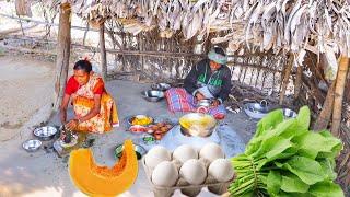 EGG PALONG CURRY and PUMPKIN VORTA cooking & eating by santali tribe couple