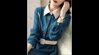 new temperament shirt skirt contrast color waist lapel stitching mid length dress girls