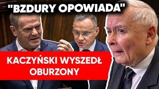 "Bzdury opowiada". Tusk odpowiadał prezydentowi. Kaczyński wychodzi z sali