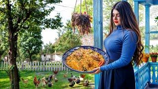 Cooking Arabic chicken pilaf in the village of Iran with fire tea Rural lifestyle in Iran