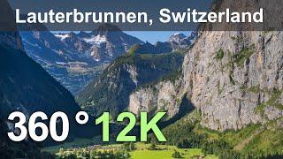 Lauterbrunnen. The valley of waterfalls and mountain peaks. Switzerland. Aerial 360 video in 12K.