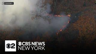 Brush fire burning in Highbridge Park along Harlem River Drive in NYC