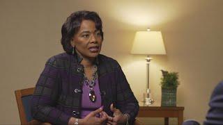 Dr. Bernice King, daughter of Dr. Martin Luther King Jr., speaks with Russ Mitchell at Kent State