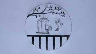 Bird freedom drawing / How to draw bird got freedom from the cage / Independence day drawing