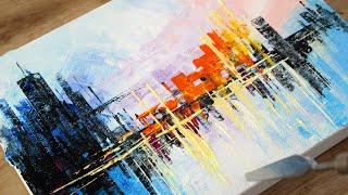 Abstract cityscape with palette knife / Quick painting ideas / Easy mini painting techniques  555