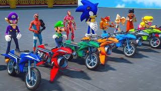 Mario, Sonic And Goku race challenge with FLYING MOTORBIKES competition - GTA 5 Funny Contest #538