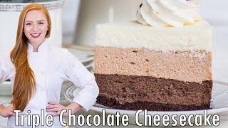 TRIPLE Chocolate Cheesecake - Layered Cheesecake Recipe!! With Dark, Milk & White Chocolate!