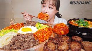 SUB) 한식이 최고! 비빔밥 순두부찌개 떡갈비 노각김치 먹방 BIBIMBAP KIMCHI RIB PATTY SOFT TOFU STEW REAL SOUND ASMR MUKBANG