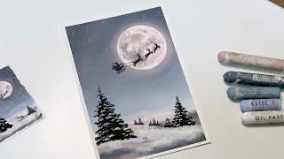 오일파스텔 초보, 크리스마스 이브의 밤하늘 그리기/ Drawing Christmas Landscape with Oil pastel for beginner