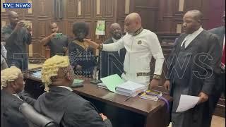 WATCH: Moment Counsel To FG Refuses To Shake Hands With Nnamdi Kanu